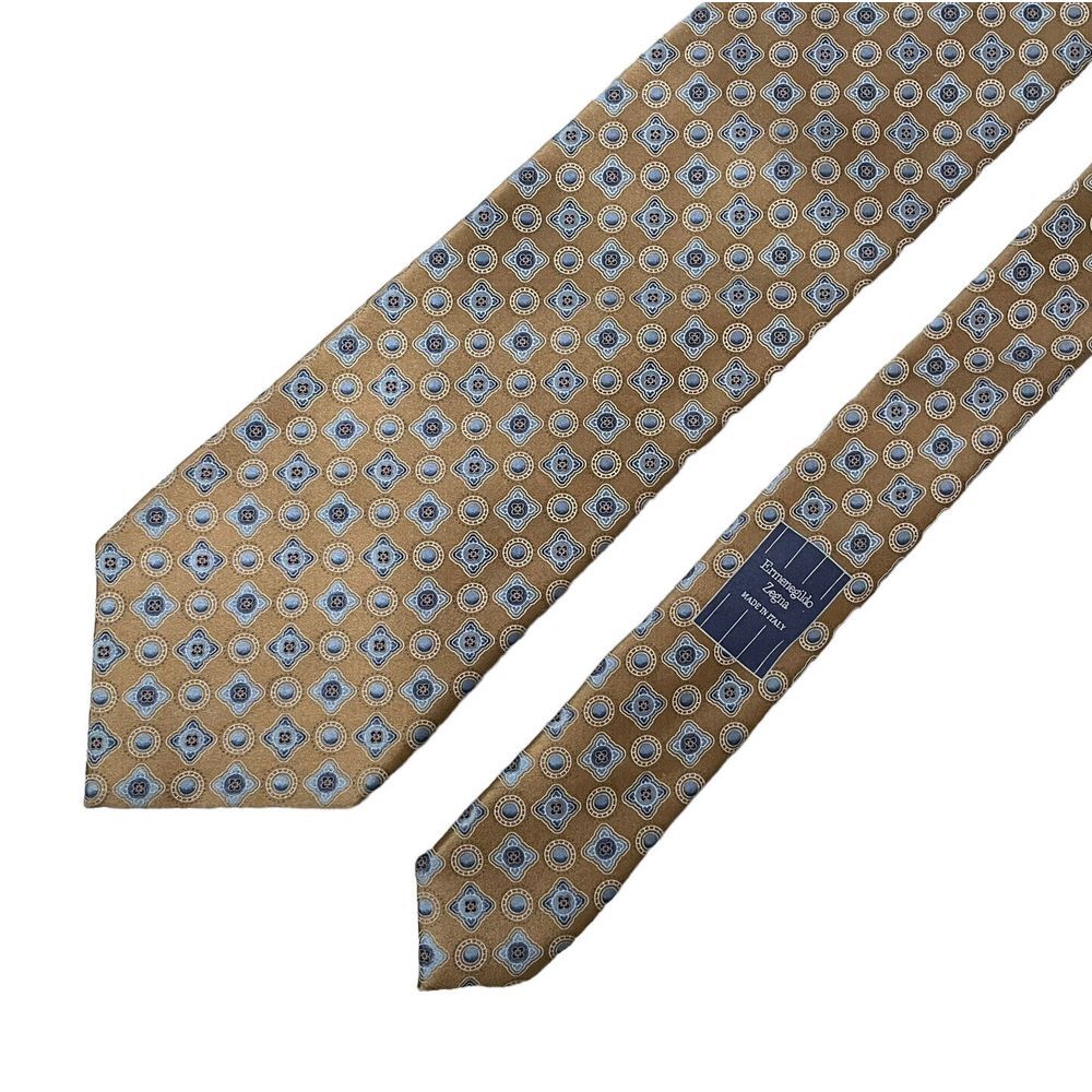 Ermenegildo Zegna Men's Contemporary Tie Gold Geometric Satin Silk 3.75" x 60.5"